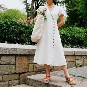 NWT Madewell Linen-Blend Button-Wrap Midi Dress White Cream Size 14